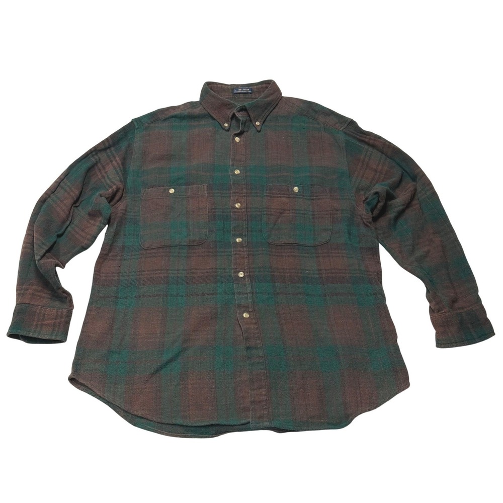 Chaps Ralph Lauren Shirt Flannel Button Down Mens Large Green Brown Plaid VTG
